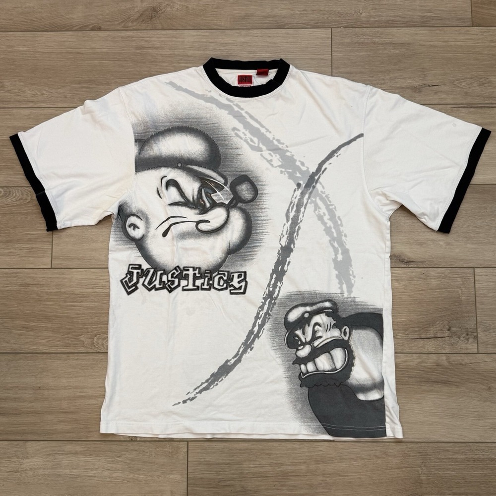 Vintage Justice Popeye Ringer White T-Shirt Men's Size XXL 90s Y2K VTG Tee